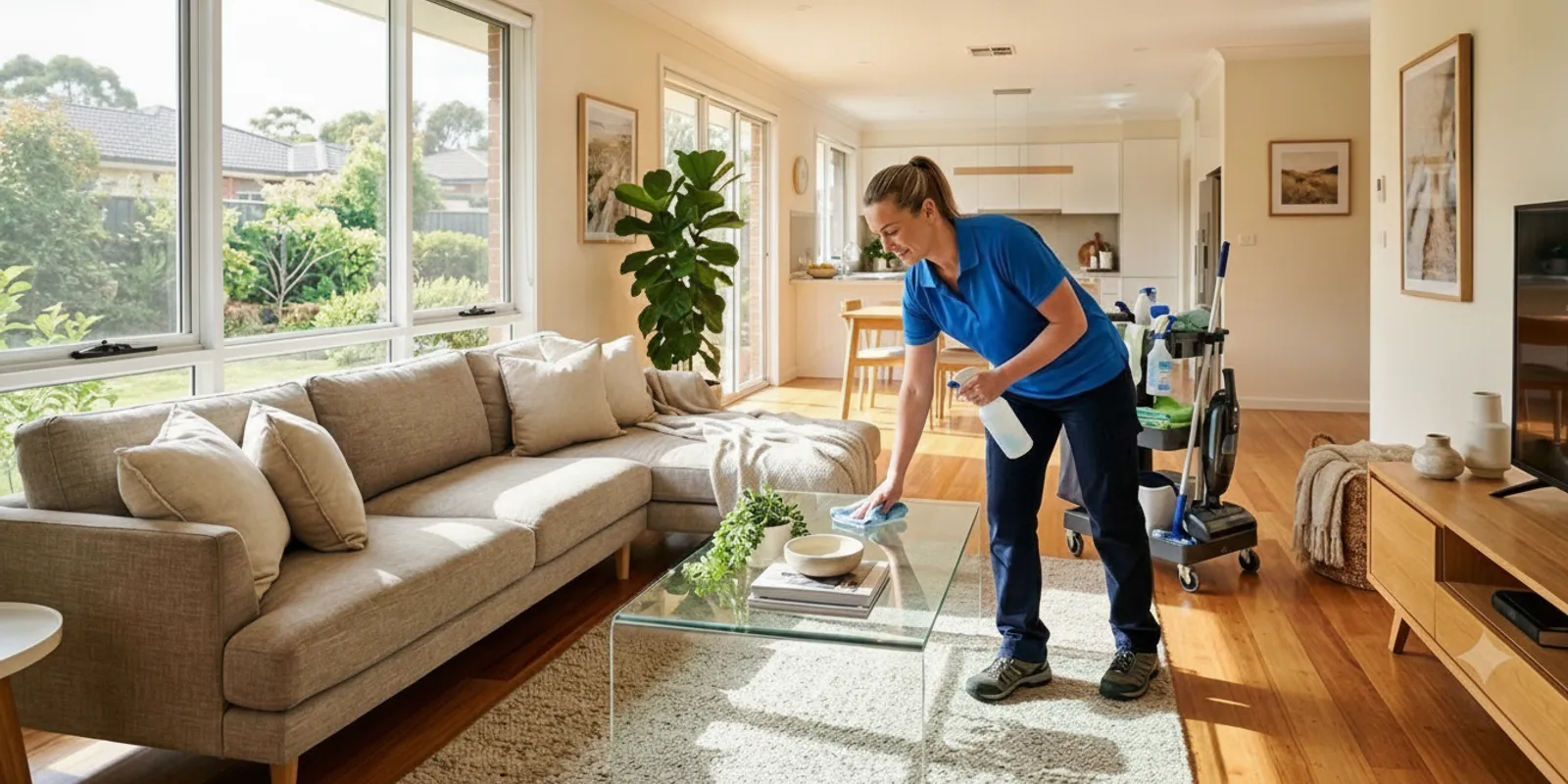 A bright Oklahoma home being refreshed for fall, with a cleaner wiping a living room surface.