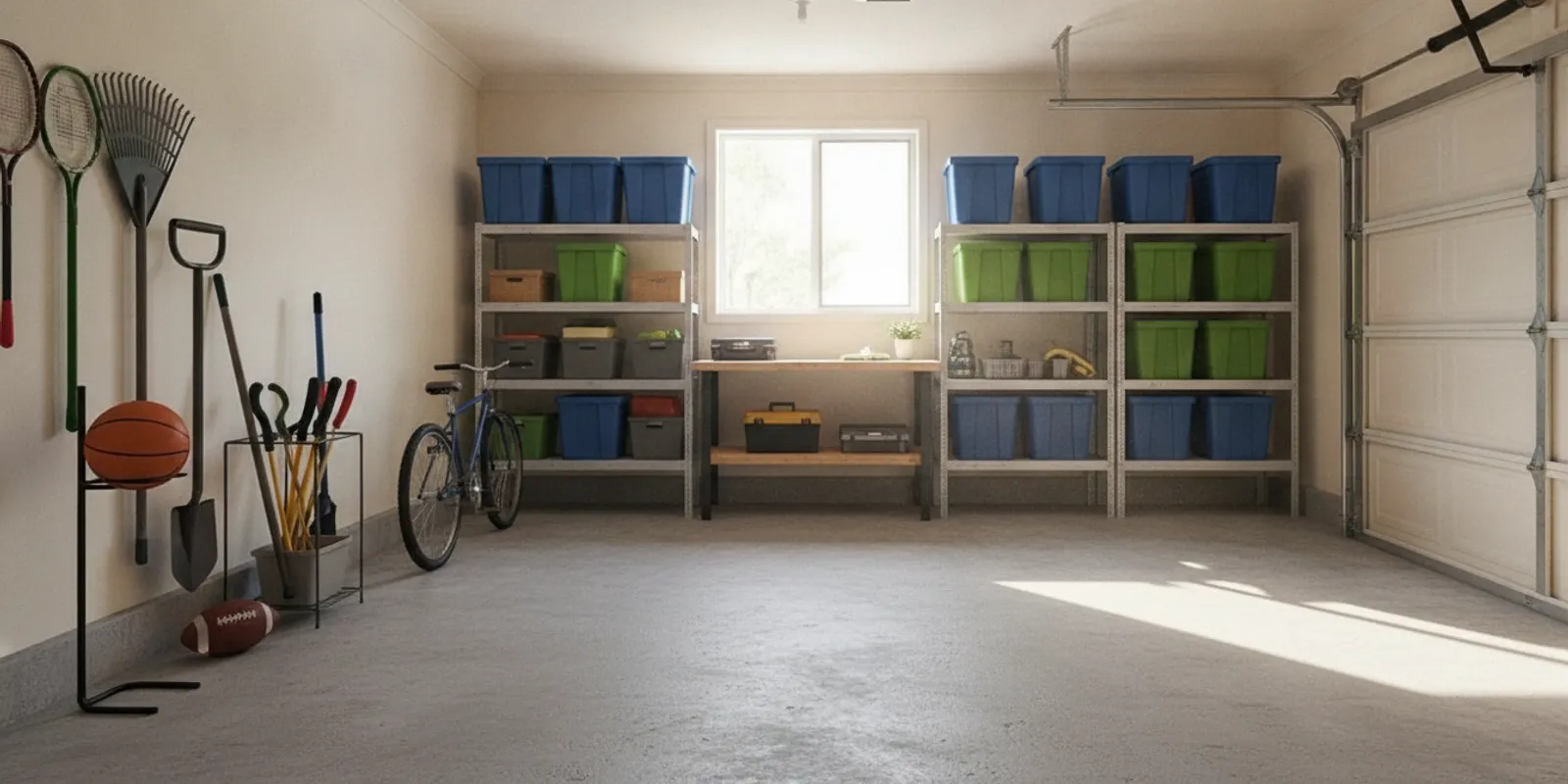 Organized home garage with clear storage zones and open floor space