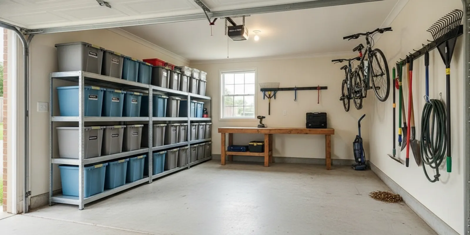 A tidy home garage with clearly grouped storage zones and open floor space