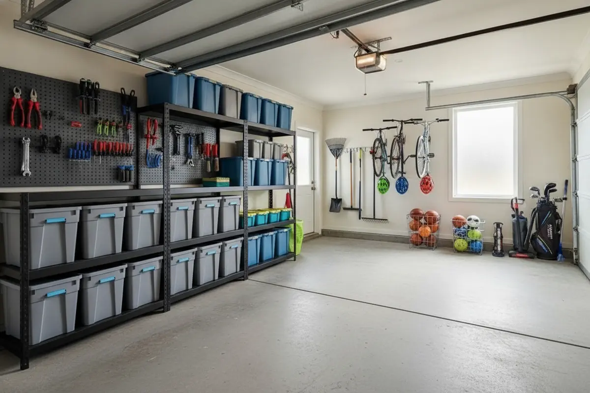 Garage storage zones for tools, household bins, and sports equipment
