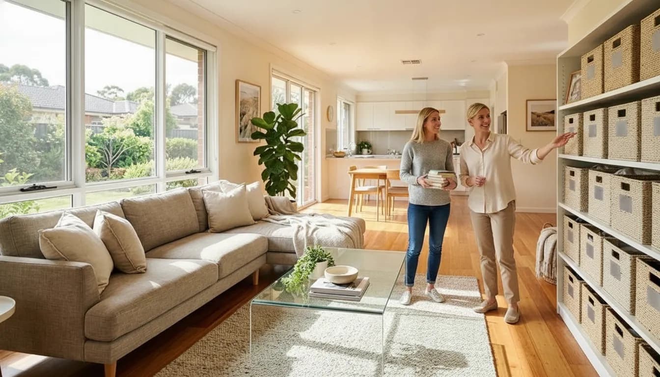 Professional organizer helping a homeowner sort belongings into organized storage in a bright living room