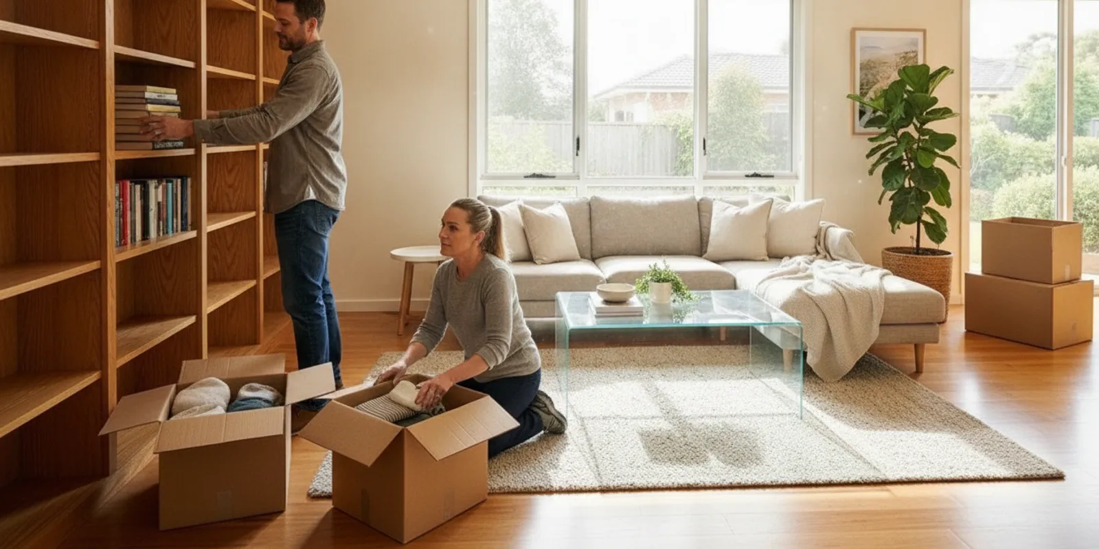 A bright living room set up for home unpacking with labeled moving boxes and neatly arranged essentials