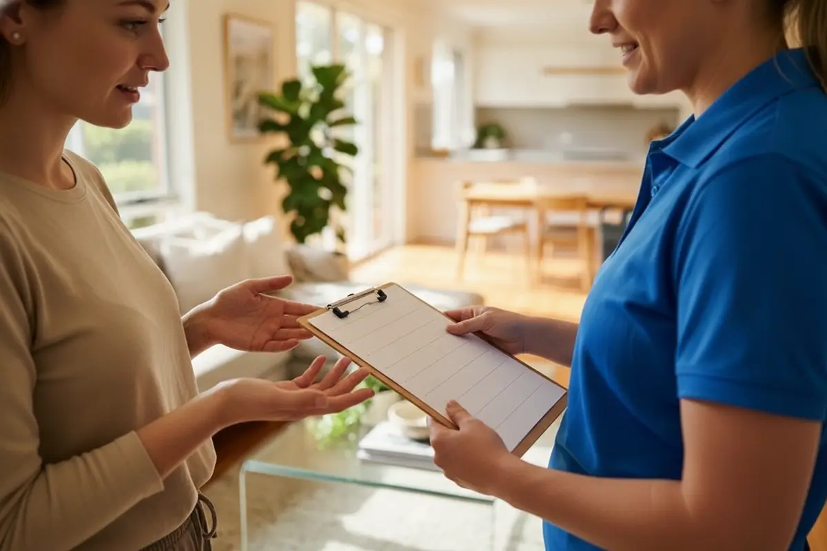 Homeowner and cleaner reviewing which rooms and tasks to prioritize