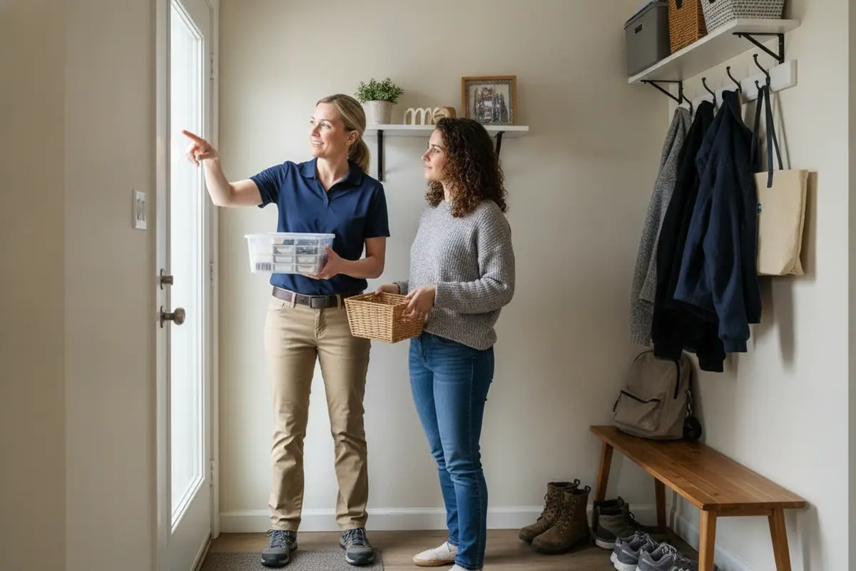 Homeowner and organizer discussing priorities beside a cluttered entryway