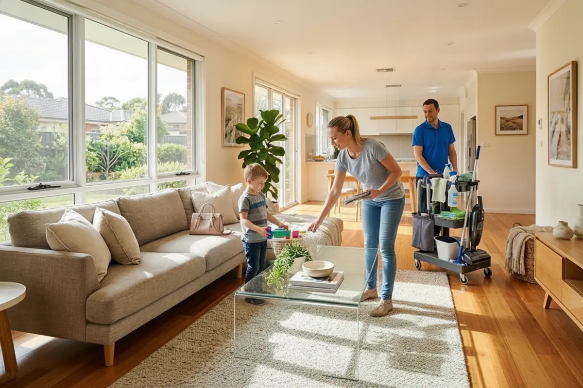 Homeowner making room for a residential cleaning visit