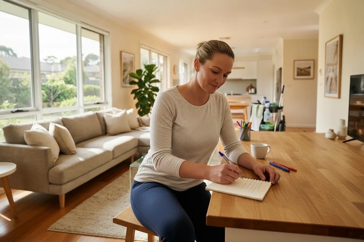 Homeowner planning cleaning priorities in a living room