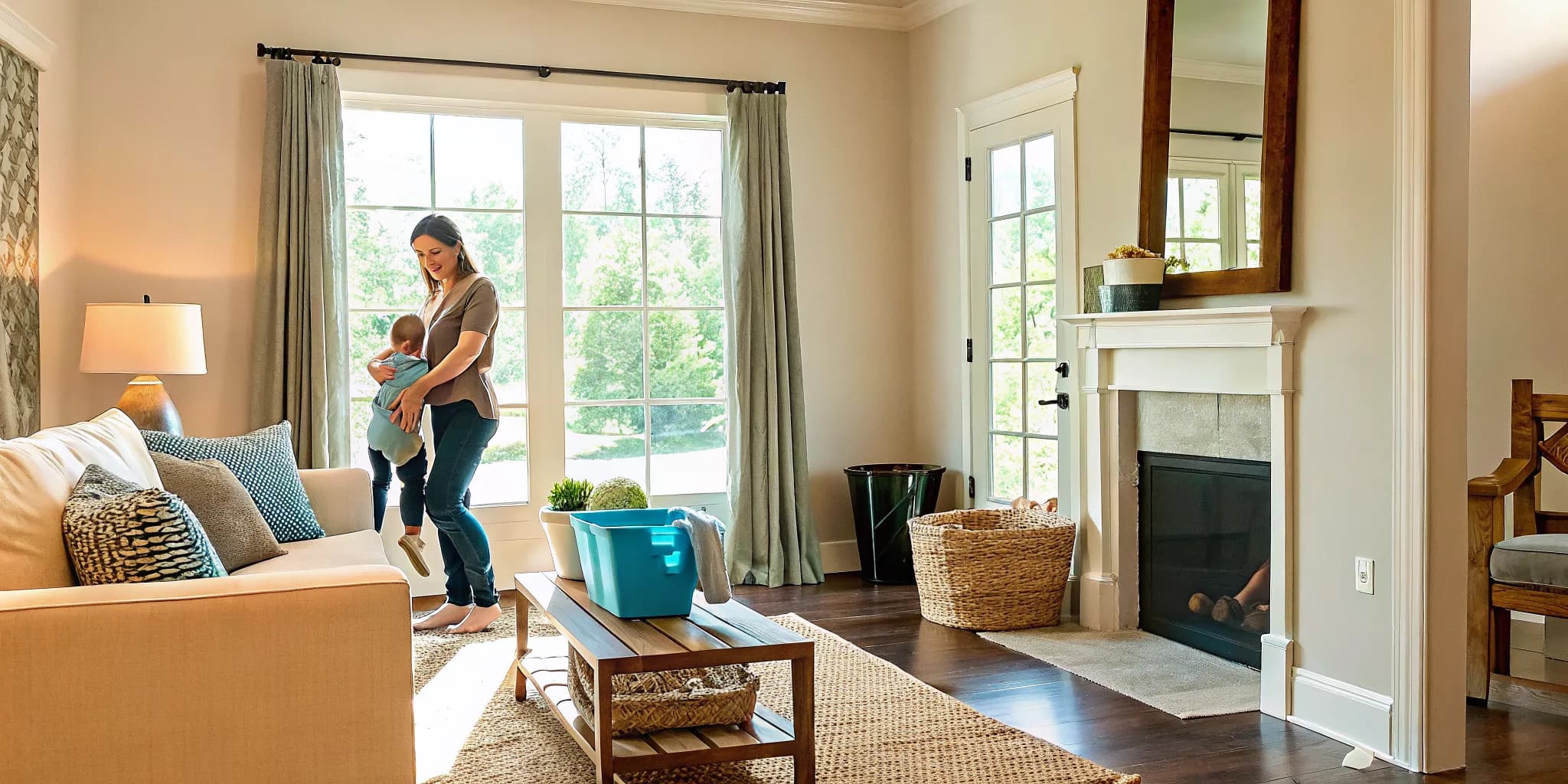 House cleaning for new parents in a tidy Edmond family living room