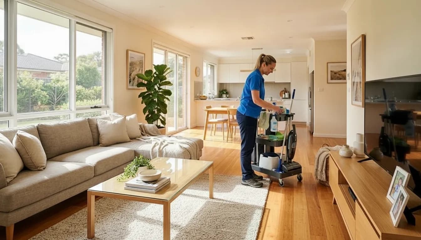 Professional cleaner with a supply cart in a bright Norman home