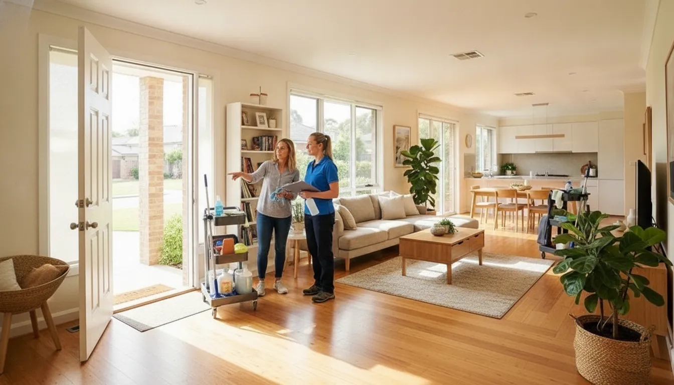 Professional cleaner and homeowner planning a detailed home cleaning visit