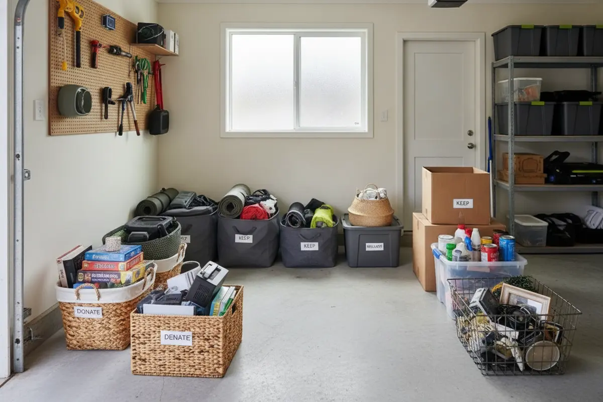 Household belongings grouped into temporary sorting areas during garage organization