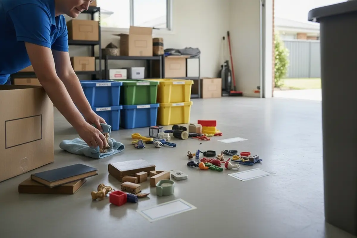 Household items sorted into separate keep, donate, and discard groups in a garage