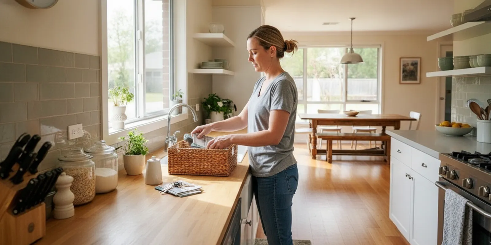 Homeowner clears a kitchen counter before a professional deep cleaning visit