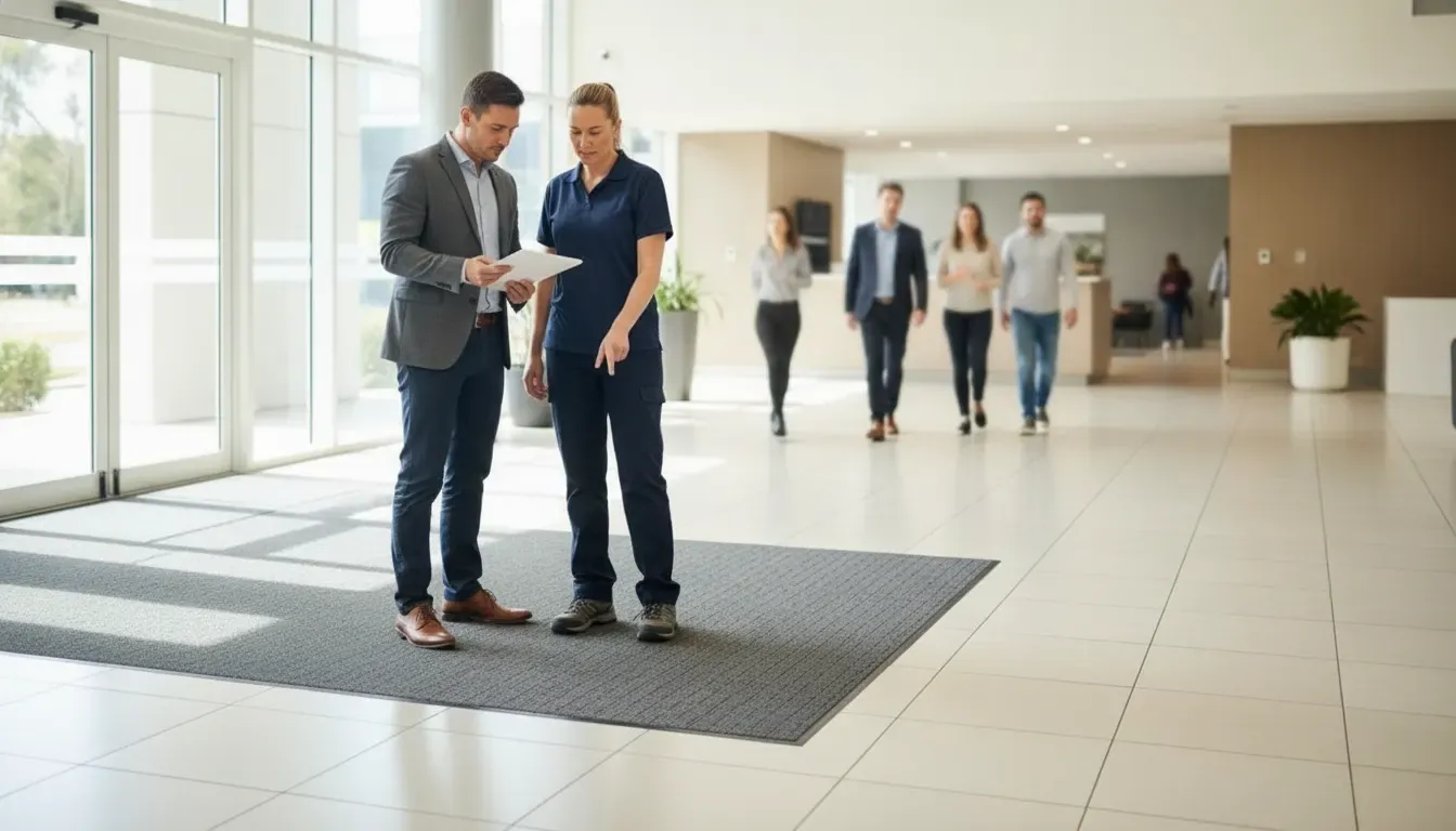 Facility manager and cleaning professional reviewing a commercial floor maintenance schedule at an entrance
