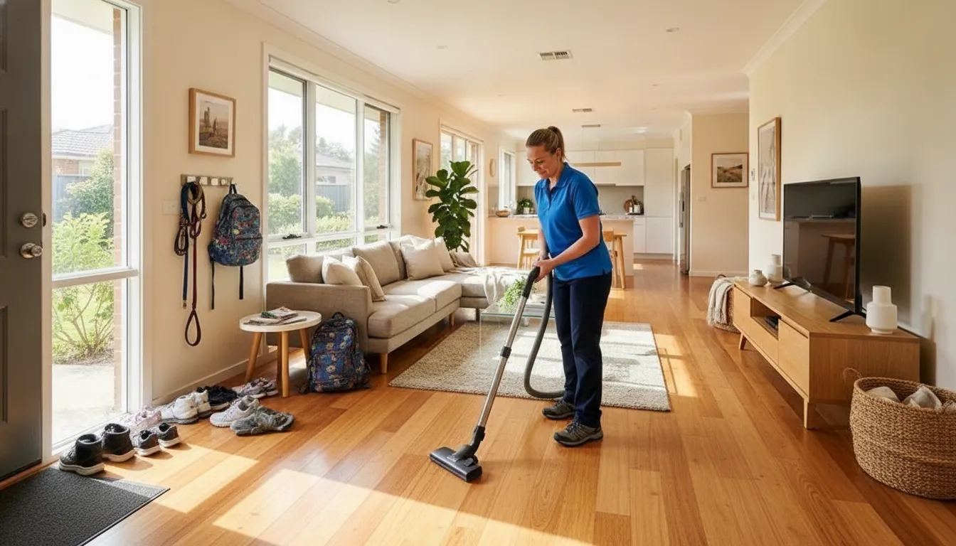 Cleaner maintaining a bright family living space during recurring home service