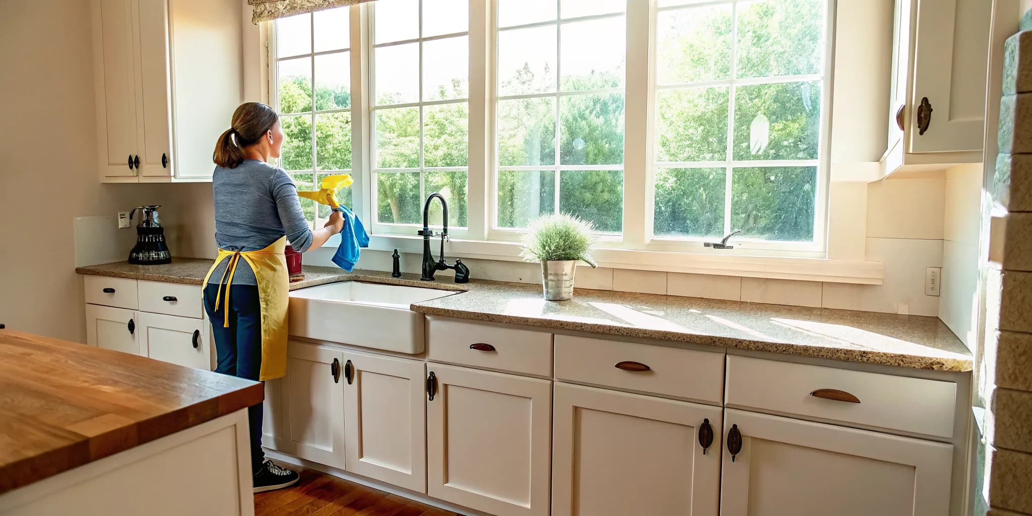 Professional cleaner scrubbing kitchen cabinet doors and baseboards with microfiber cloth during a deep cleaning service
