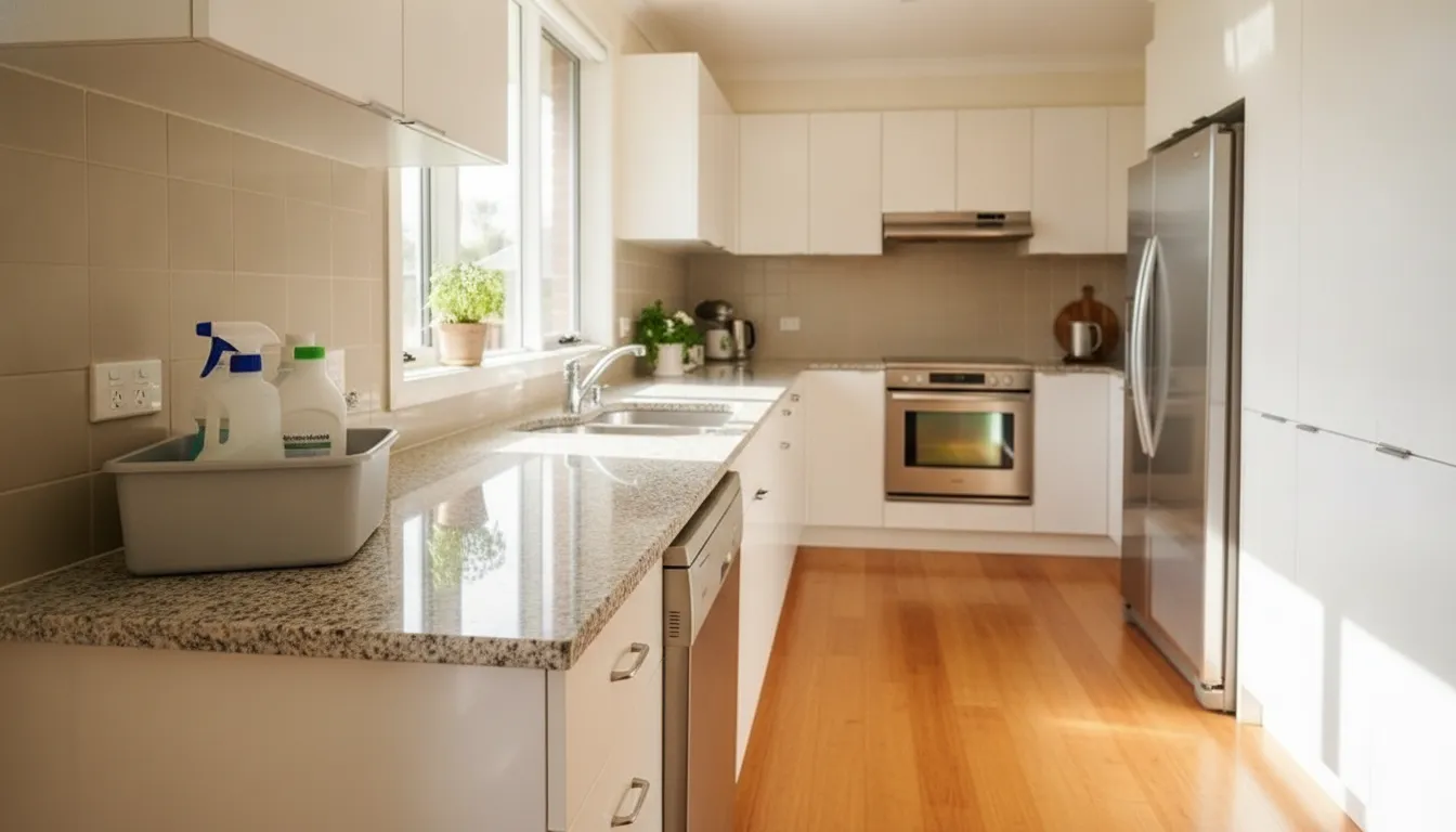 Clean Norman kitchen after residential cleaning services, with supplies set aside