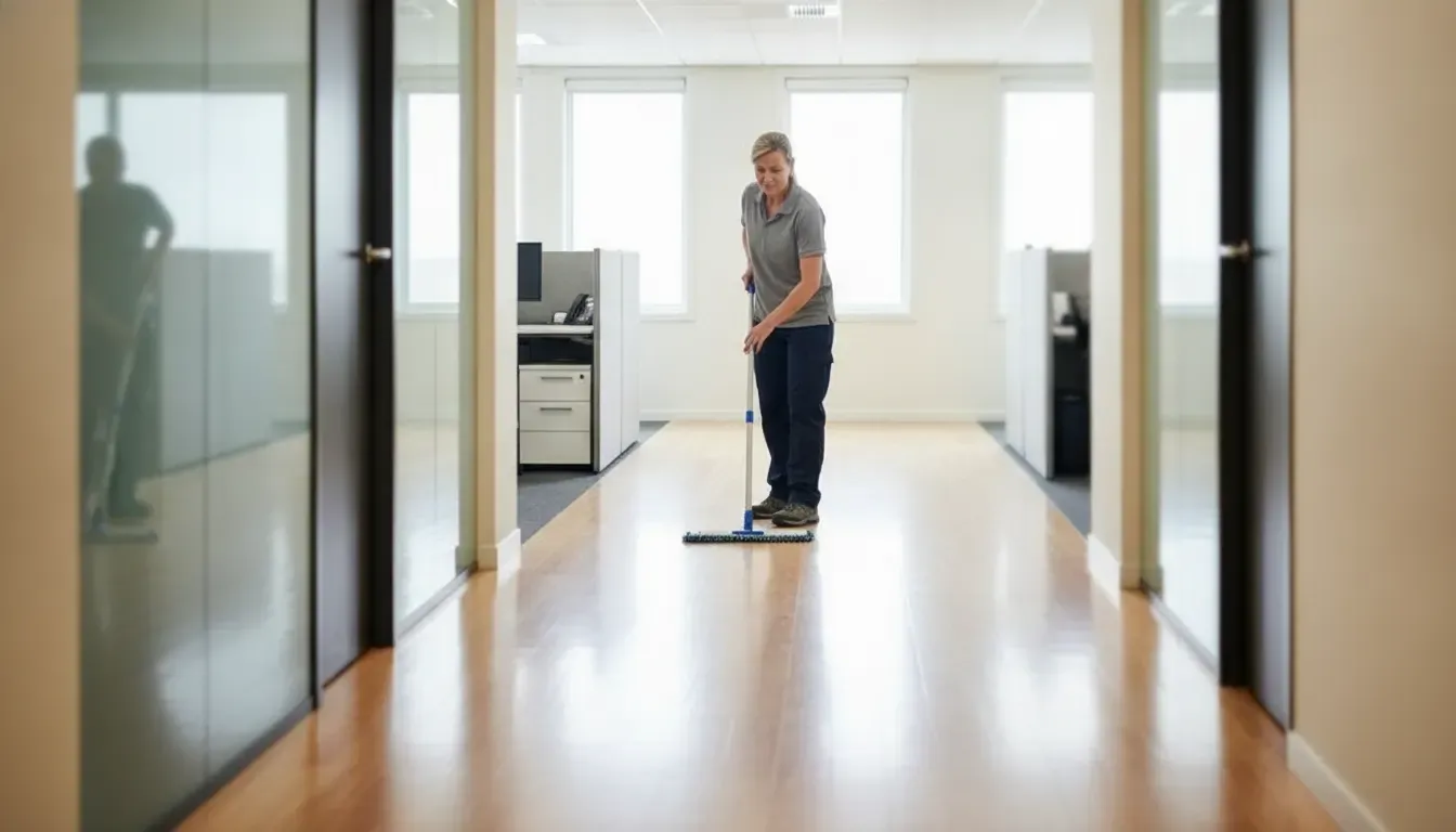 Commercial cleaner using a microfiber mop on an office corridor floor as part of a maintenance schedule