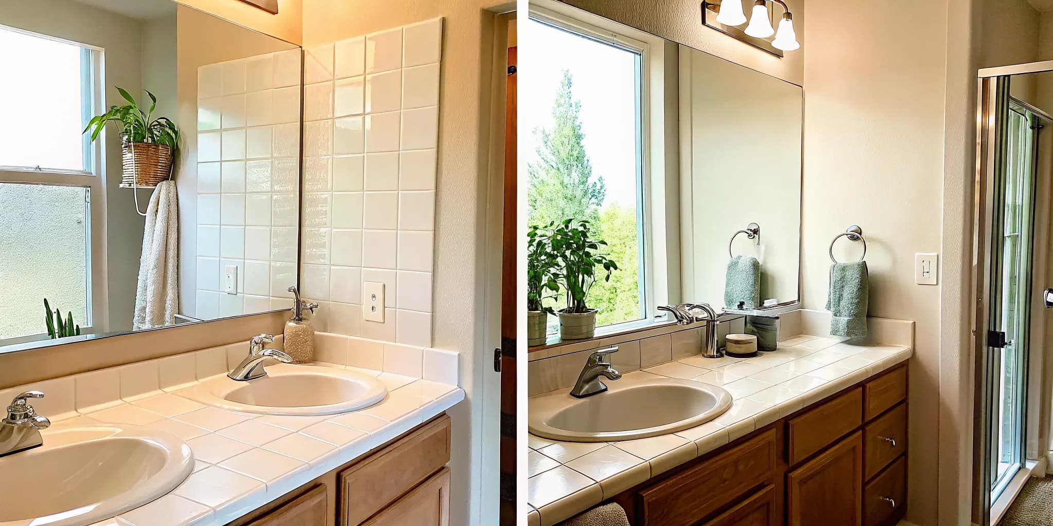 Clean bright bathroom after professional deep cleaning with gleaming tile and polished fixtures