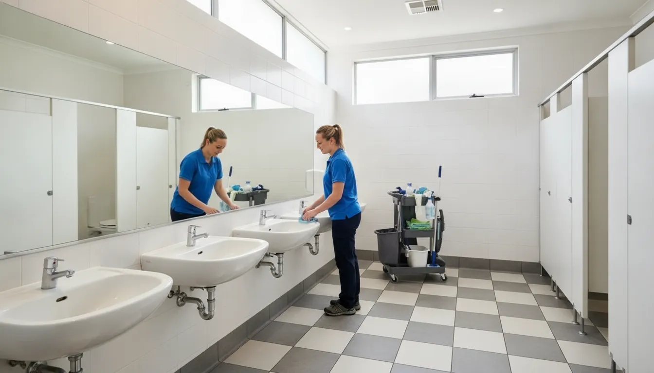 Commercial cleaner maintaining a retail restroom and tiled floor