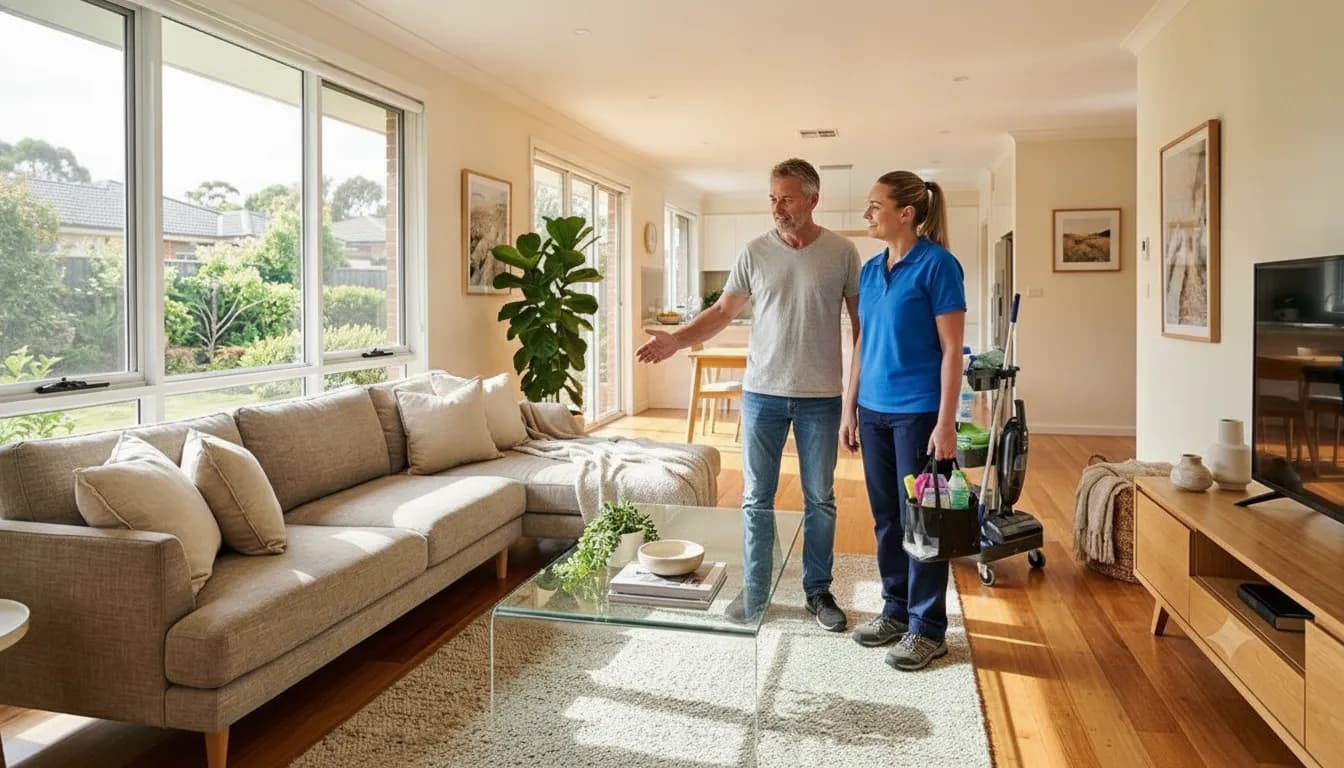 Cleaner preparing a bright apartment living area for service