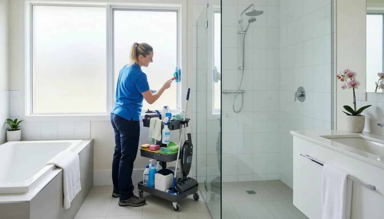 Professional cleaner scrubbing shower tile and grout during a spring bathroom deep clean