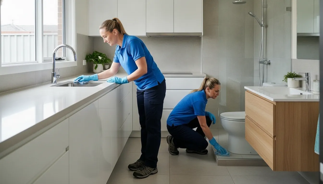 Professional cleaners checking a kitchen and bathroom cleaning scope