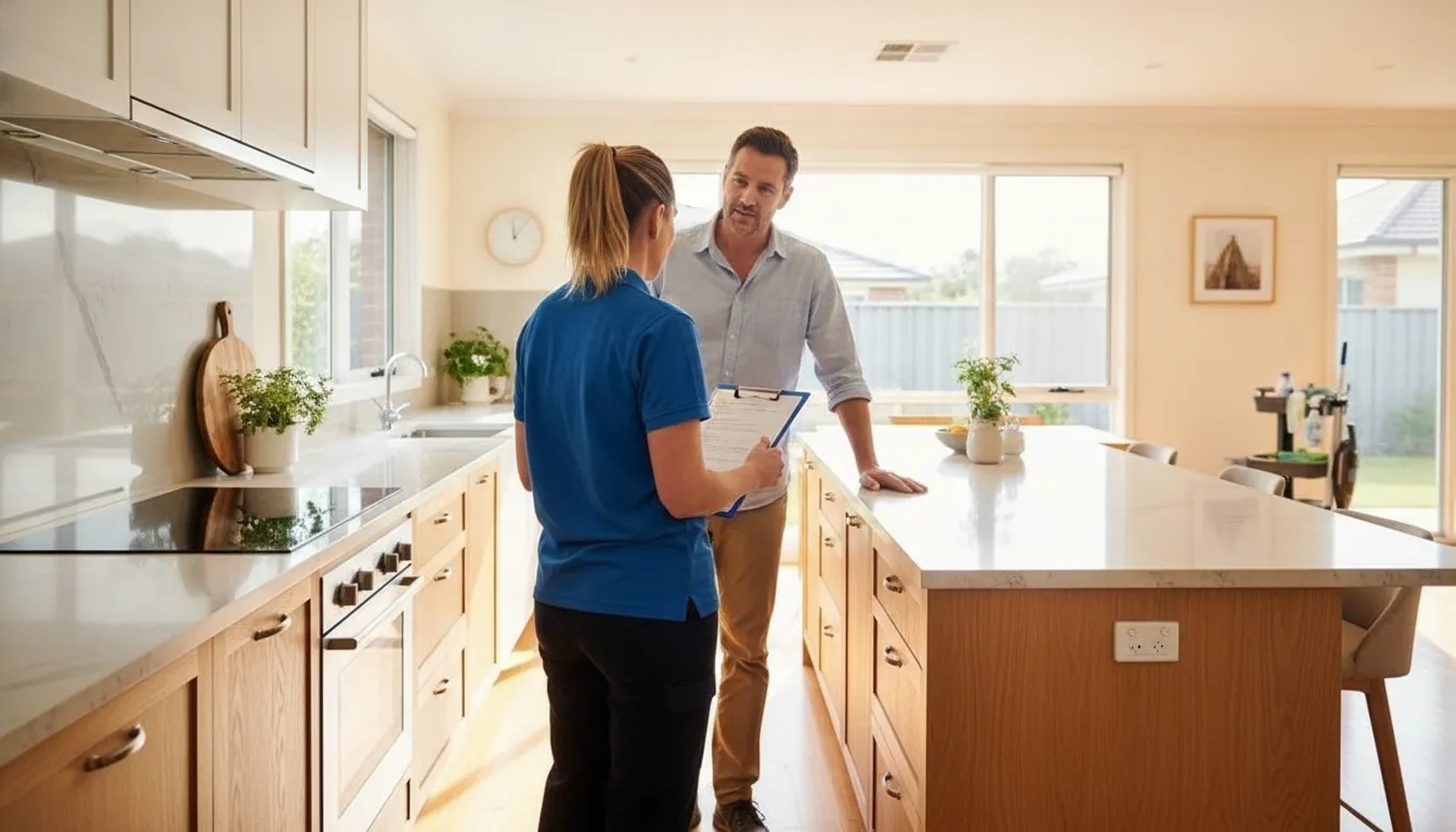 Homeowner and cleaning professional discussing cleaning priorities