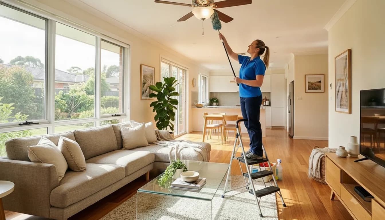 Detailed cleaning of a living room surface and surrounding trim