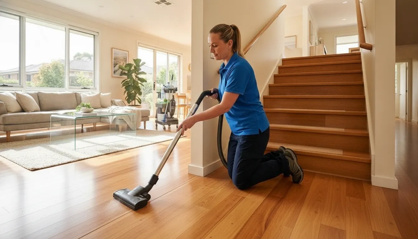 Professional cleaner carefully cleaning a residential floor