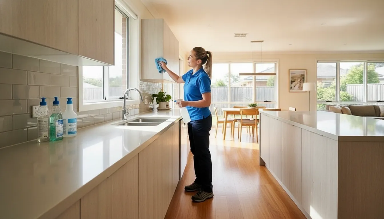 Professional cleaner working carefully around kitchen surfaces