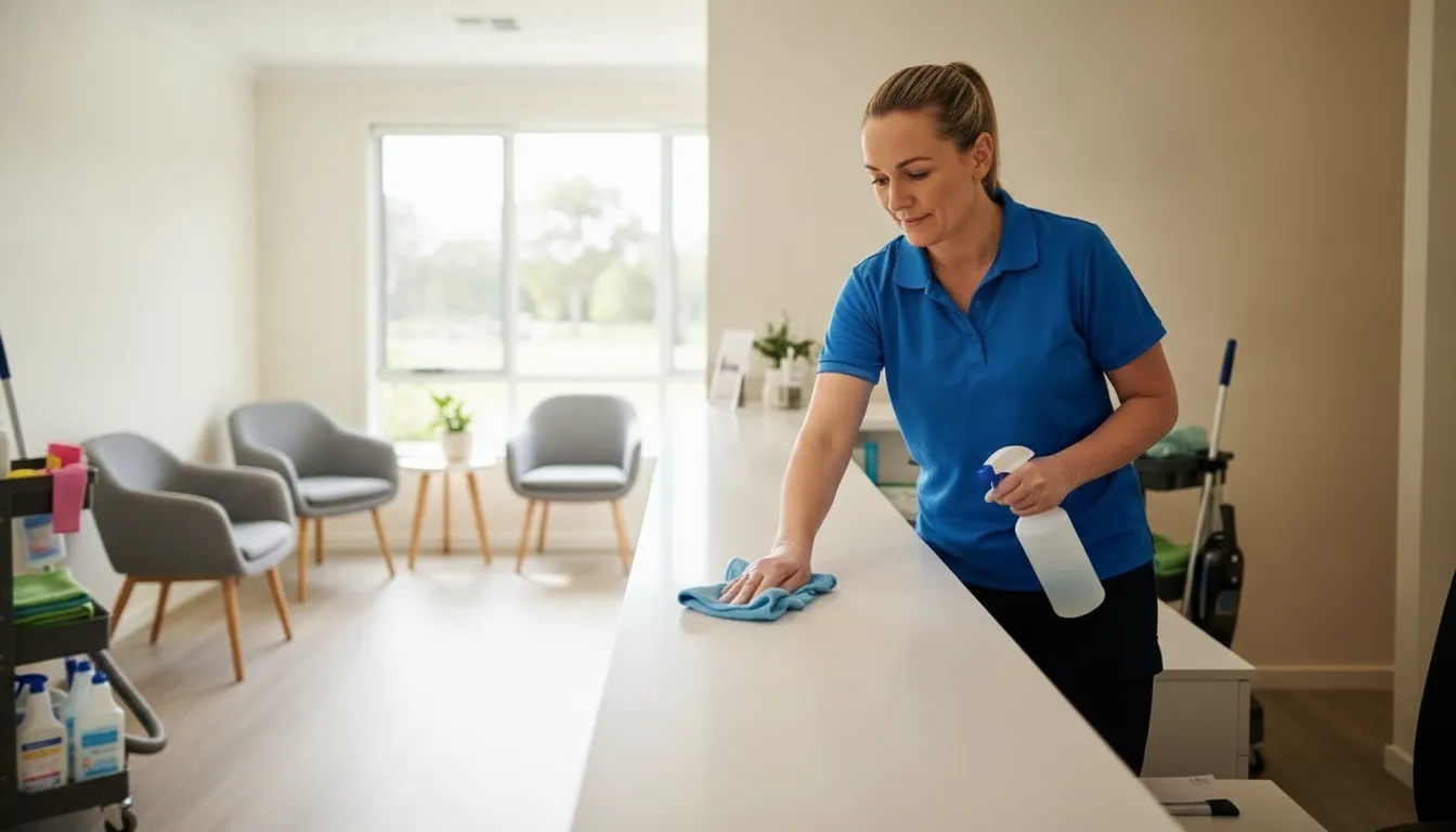 Cleaning professional maintaining a tidy medical office area