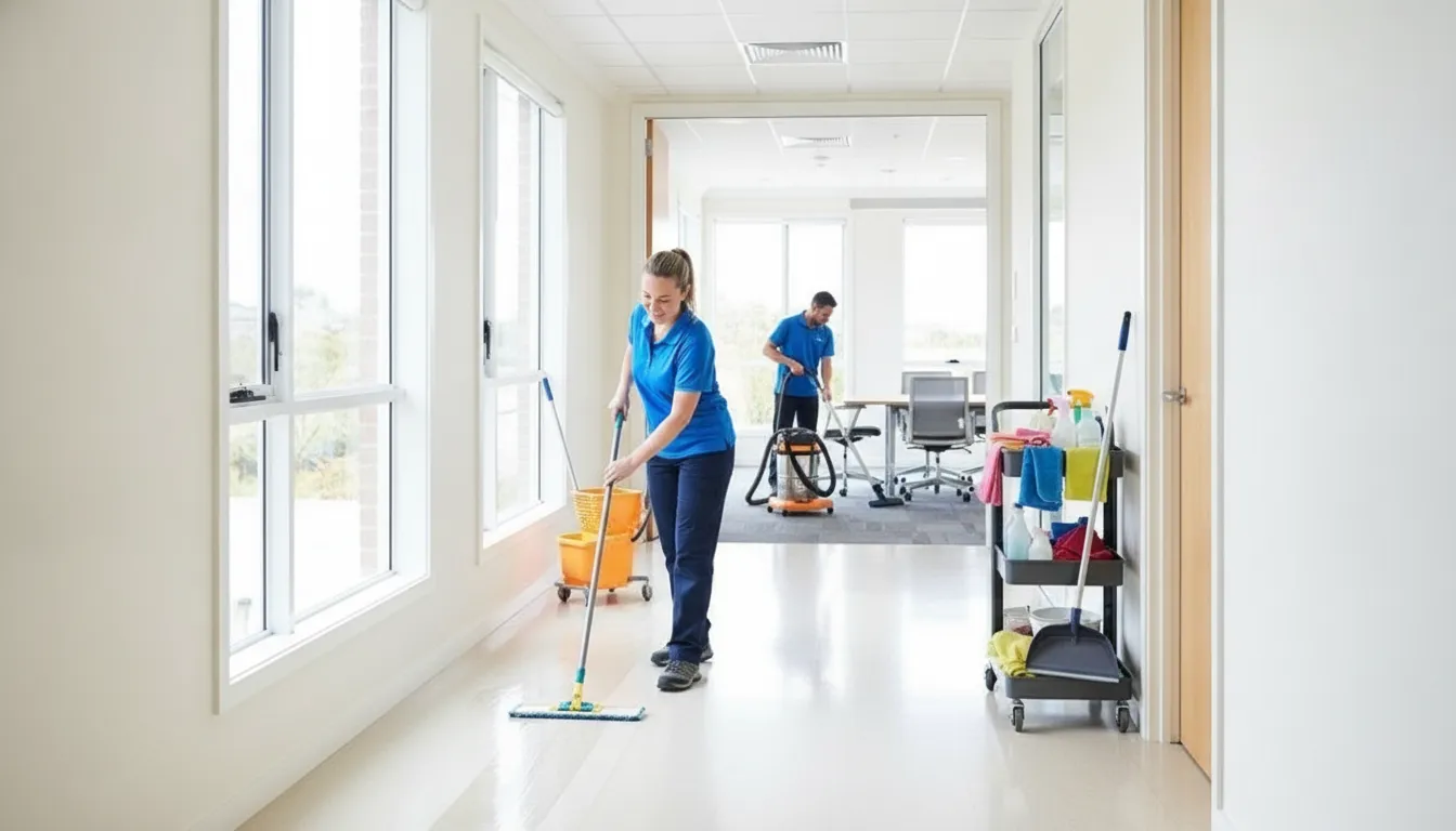 Professional team cleaning an Oklahoma City office hallway