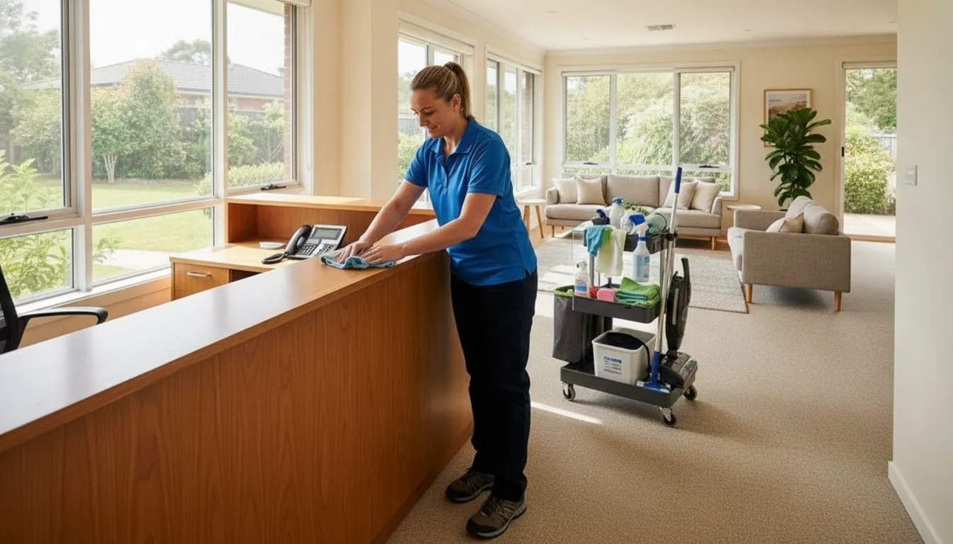 Cleaner maintaining a bright shared office workspace