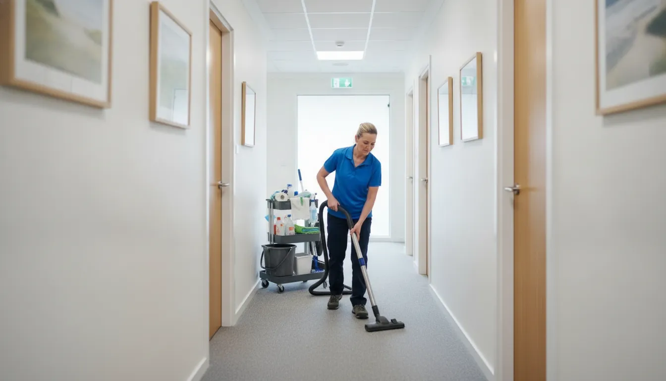 Clean office hallway with doors and shared workplace flooring