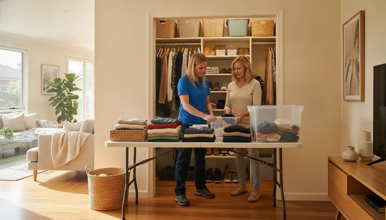 Professional organizer helping a homeowner sort belongings into functional zones