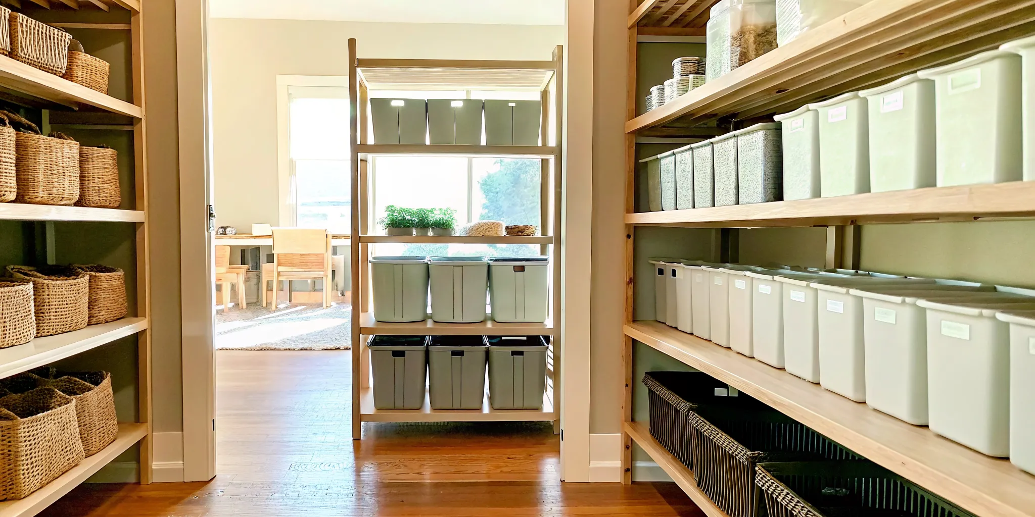 Labeled storage bins arranged before a professional home organizer Oklahoma City visit