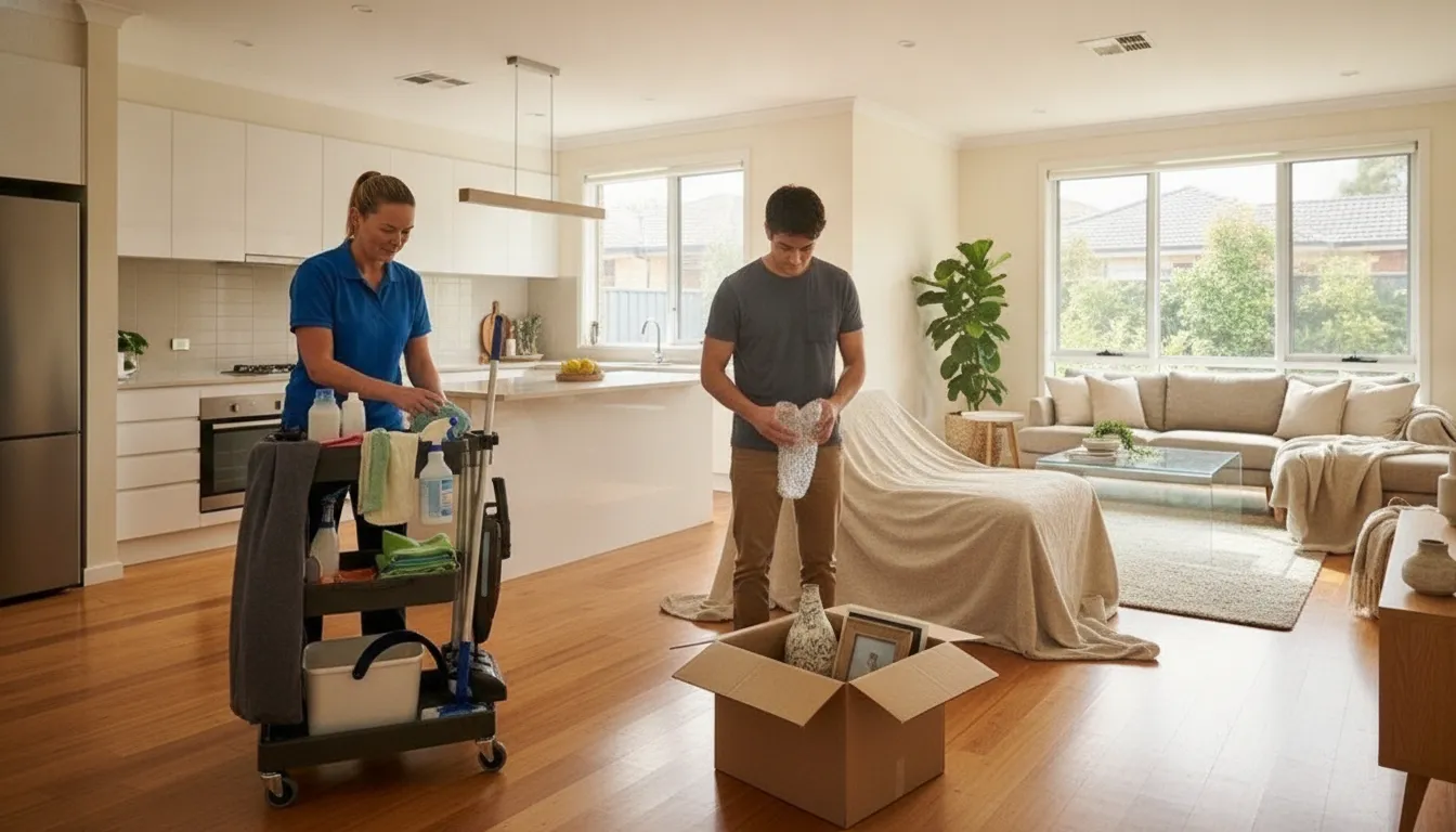 Cleaning professionals preparing to clean an apartment living area