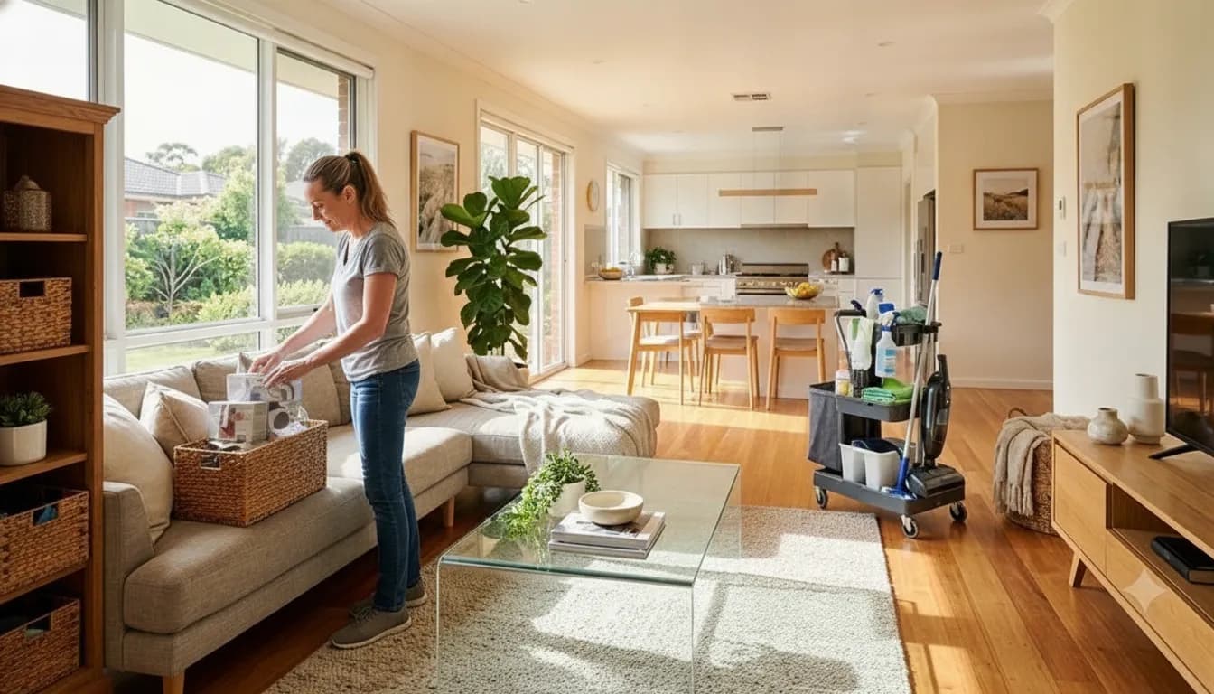 Homeowner preparing rooms for a professional cleaning visit