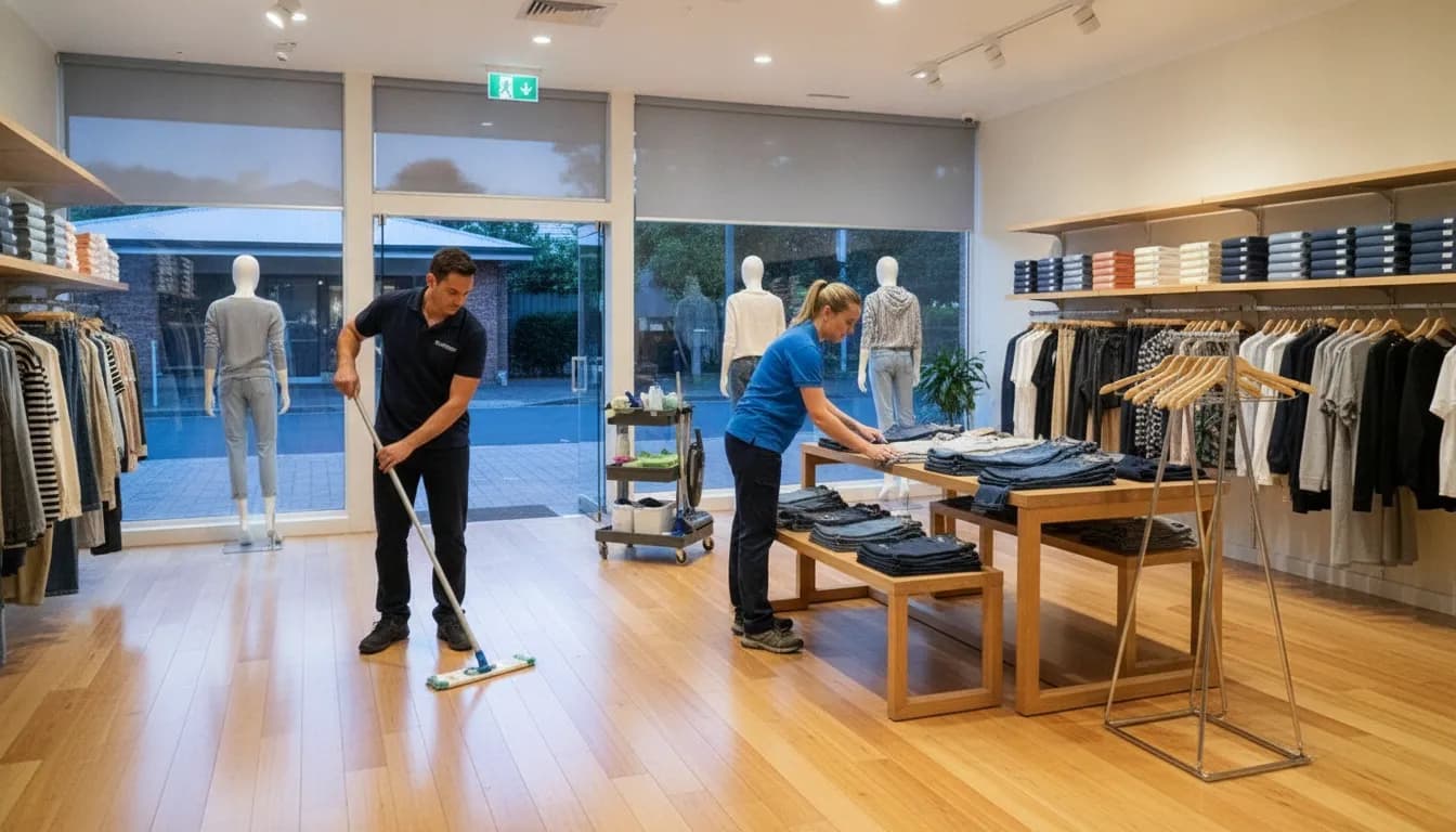 Professional team cleaning a retail space after business hours