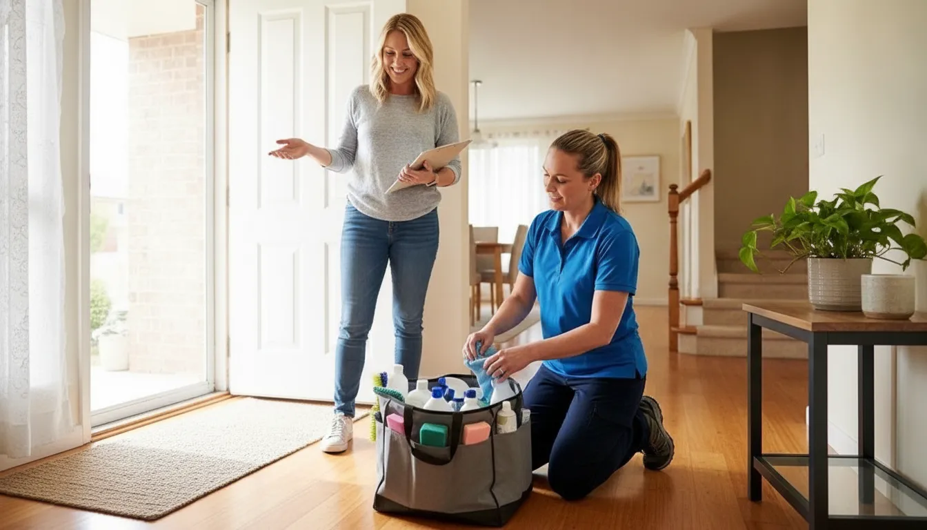 Cleaning professional preparing supplies for a planned home service