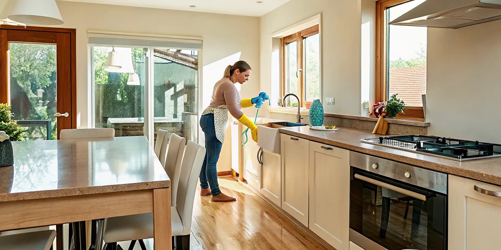 Professional maid deep cleaning a bright modern Oklahoma City kitchen with precision