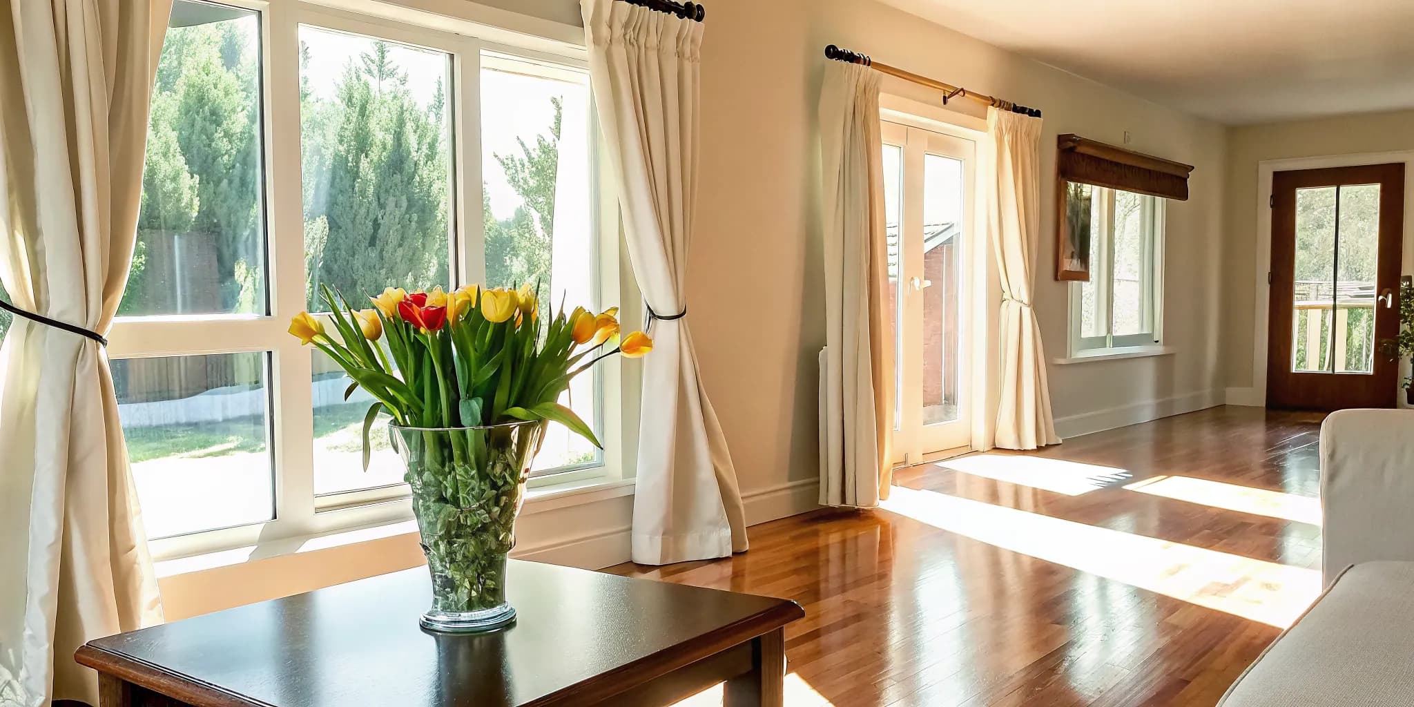 Bright, clean living room after spring cleaning with sunlight streaming through spotless windows