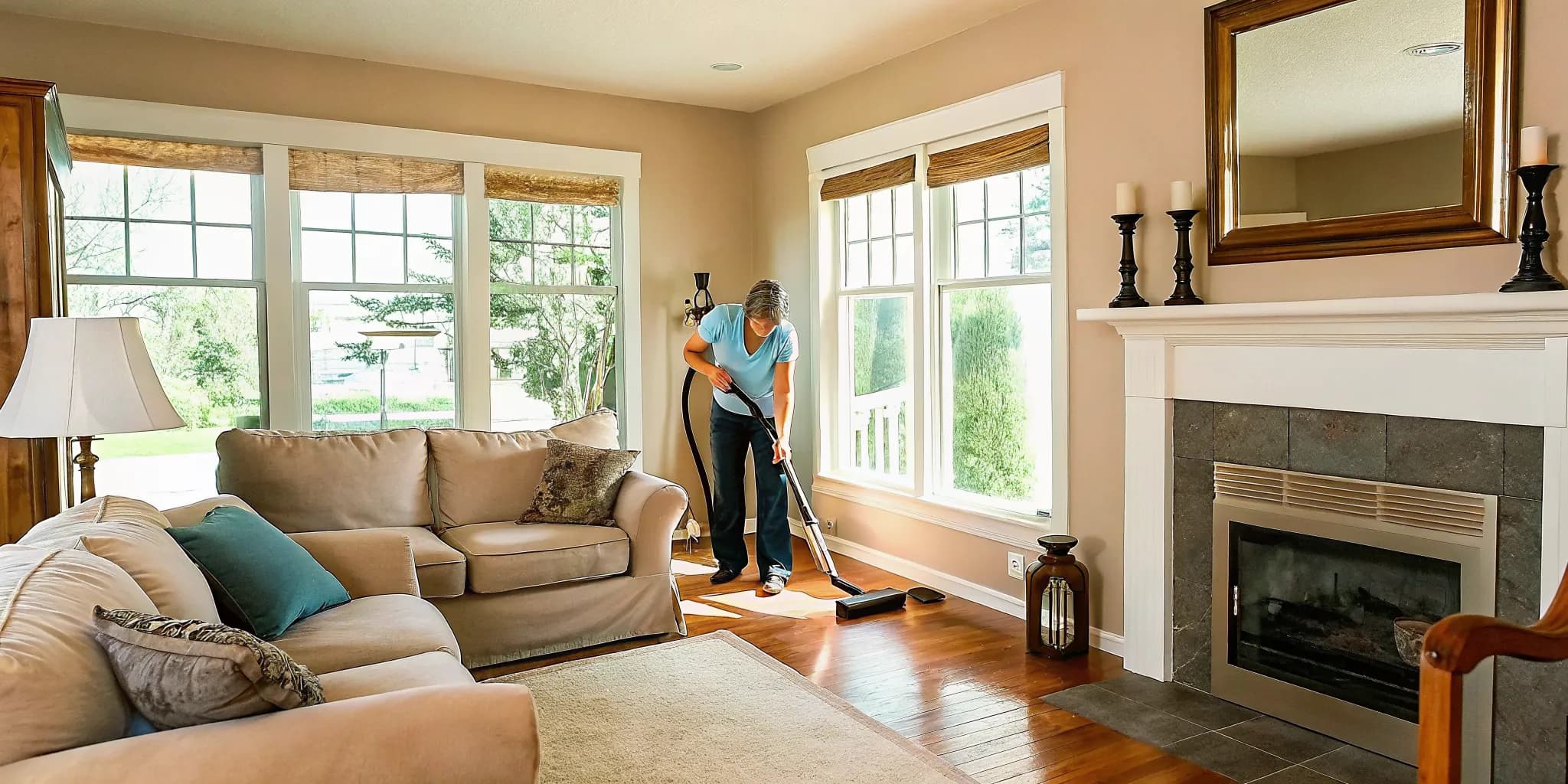 Friendly professional house cleaner vacuuming a cozy Oklahoma living room floor