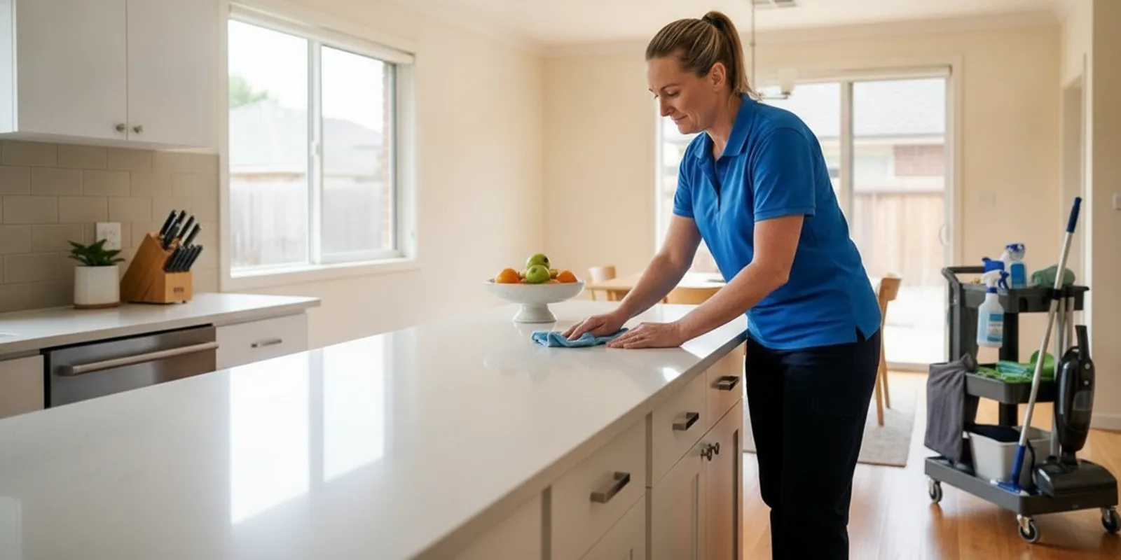 A cleaning professional wiping a bright kitchen counter in a Moore-area home