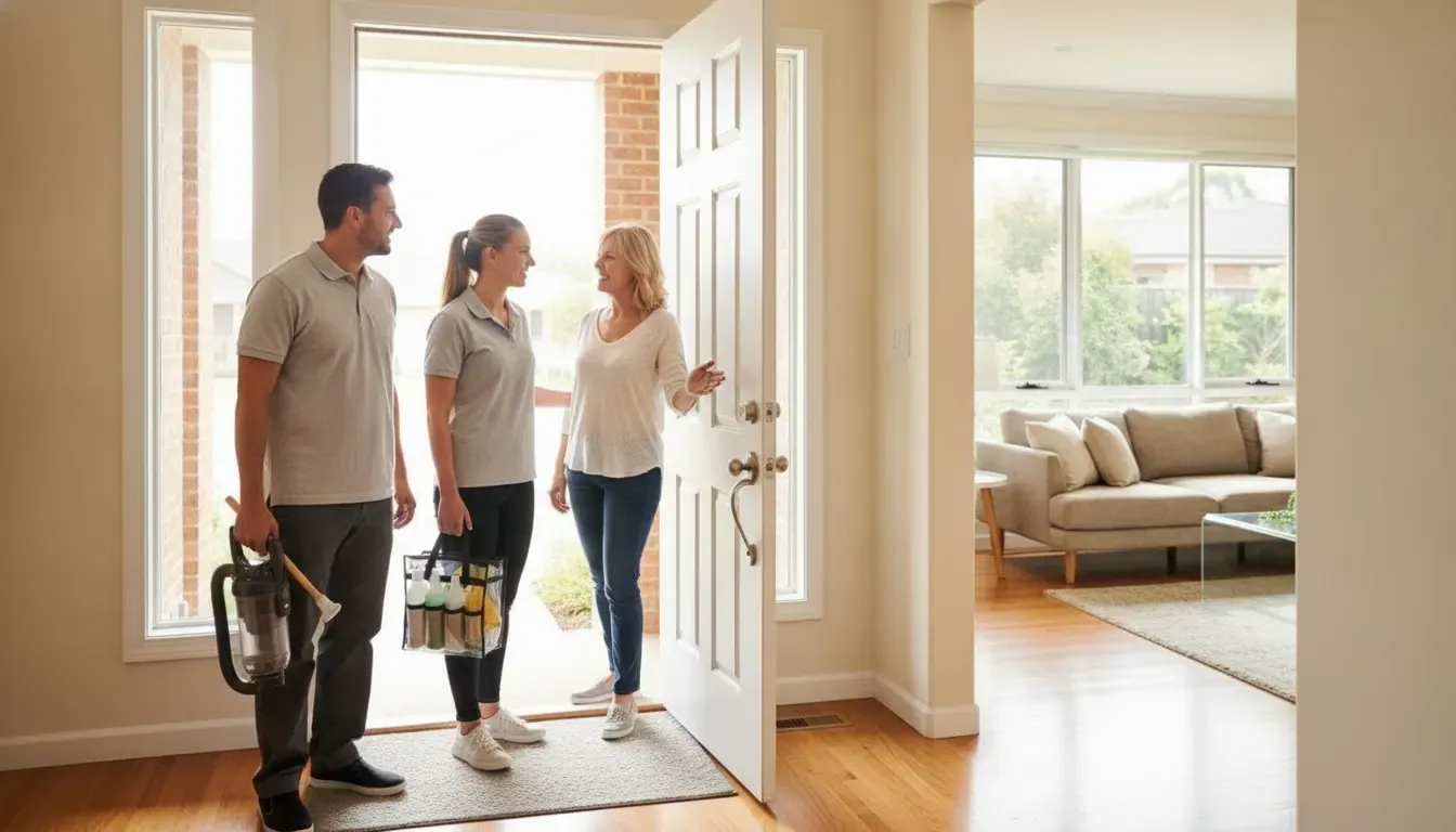 A professional cleaning team welcoming a Norman homeowner at the front door