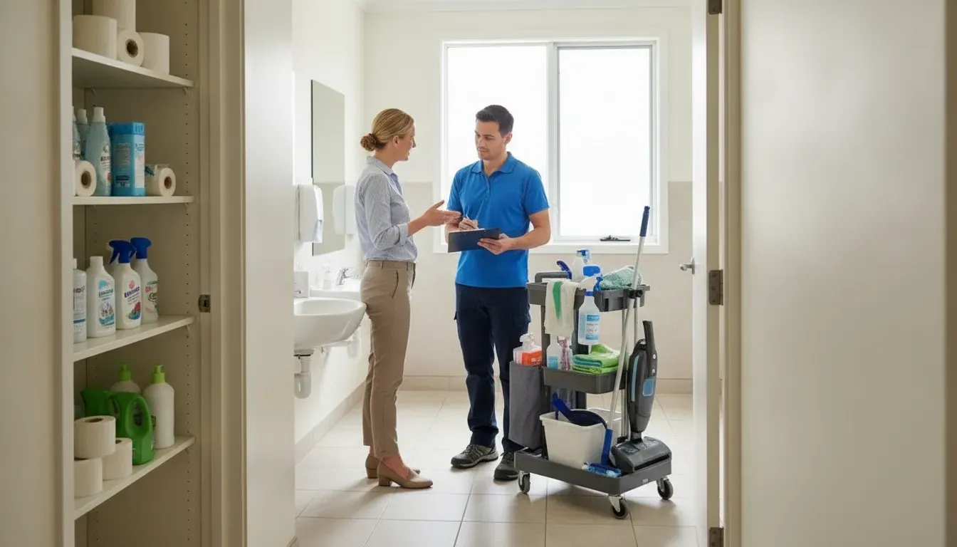 Facility manager discussing restroom cleaning quality with a commercial cleaning professional