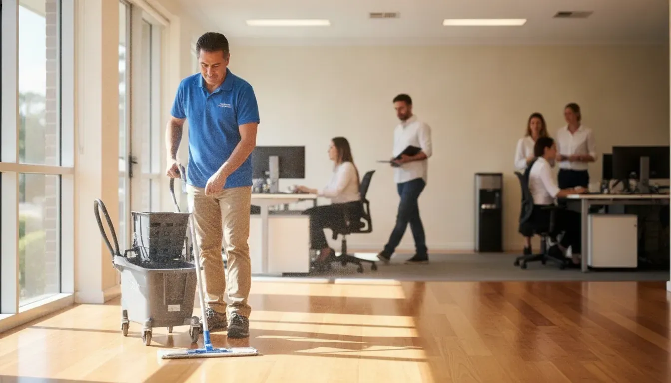 Professional cleaner maintaining a commercial office entryway and hard floor