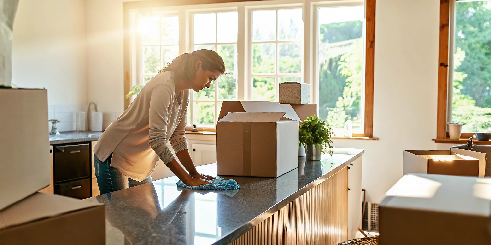 Professional cleaner preparing a bright new OKC metro home for move-in