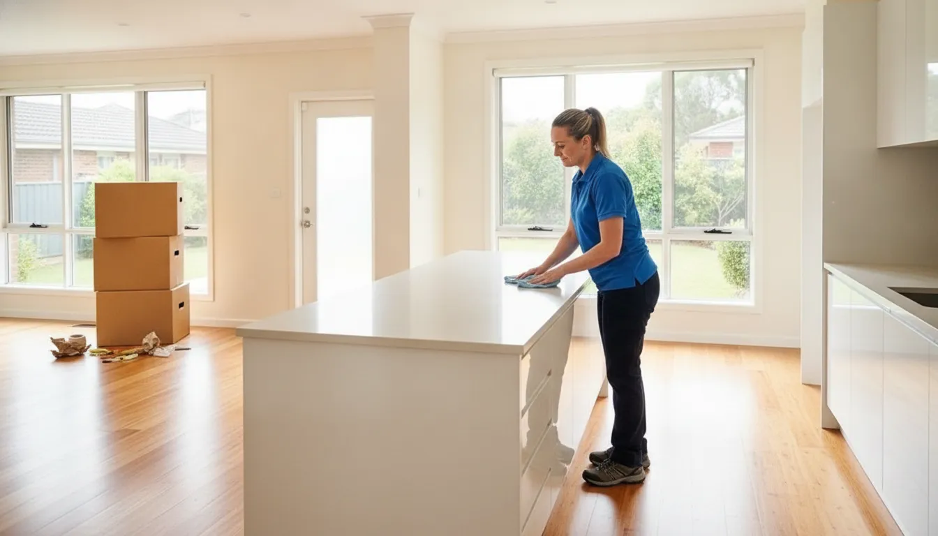 Professional cleaner wiping a kitchen countertop in a freshly vacated home