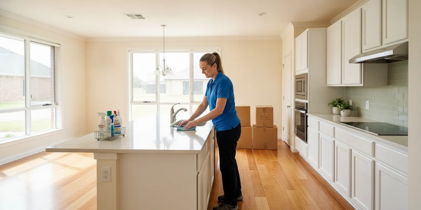 Cleaner wiping a kitchen counter in a mostly empty home before a move